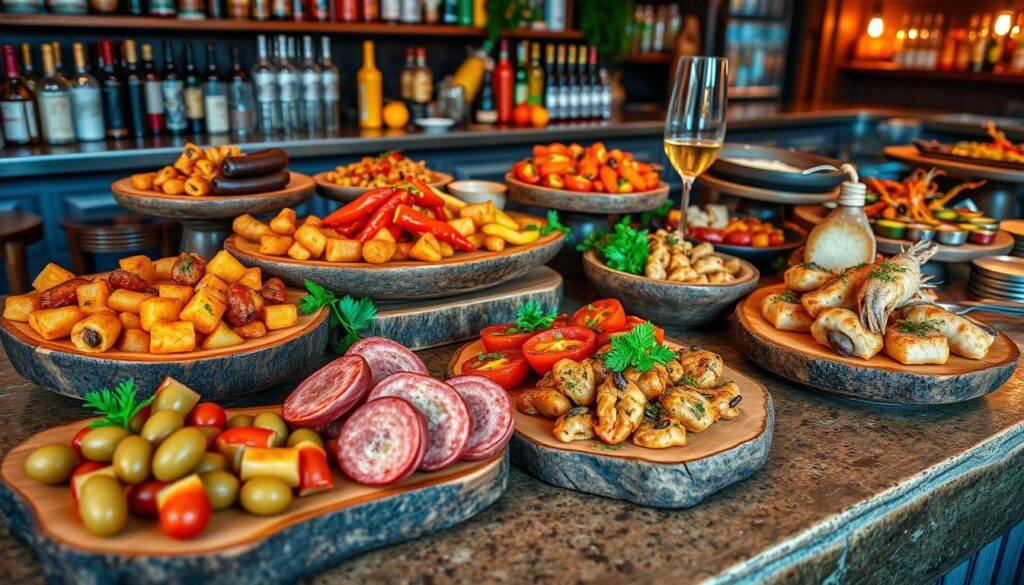 A vibrant Spanish bar scene featuring an array of colorful tapas dishes, elegantly presented on rustic wooden platters. Include olives, patatas bravas, chorizo slices, stuffed peppers, and seafood delicacies, surrounded by fresh herbs and garnishes. Emphasize rich textures and vivid colors, with warm lighting creating a cozy atmosphere.