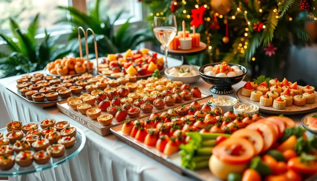 A vibrant table setting showcasing an array of 50 colorful and diverse appetizers, elegantly arranged on decorative platters, featuring finger foods like mini quiches, stuffed mushrooms, bruschetta, skewers, cheese boards, vegetable dips, and fruit garnishes, with a lush background of soft lighting and festive decorations.