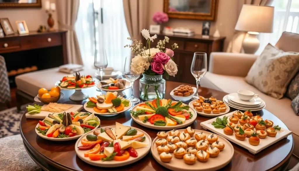 A beautifully arranged table with a variety of colorful appetizers, including fresh vegetables, cheese platters, and bite-sized pastries, set in a cozy living room with soft lighting, elegant tableware, and decorative accents, creating a warm and inviting atmosphere for entertaining guests.