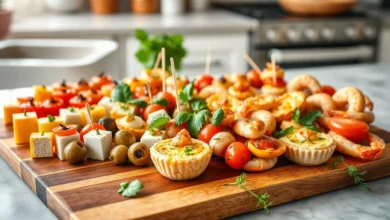 A vibrant and colorful spread of assorted easy appetizers, featuring a variety of bite-sized treats on a stylish wooden platter, including cheese cubes, stuffed olives, mini quiches, vegetable skewers, and shrimp cocktail, surrounded by fresh herbs and garnishes, with a soft-focus background of a cozy kitchen setting.