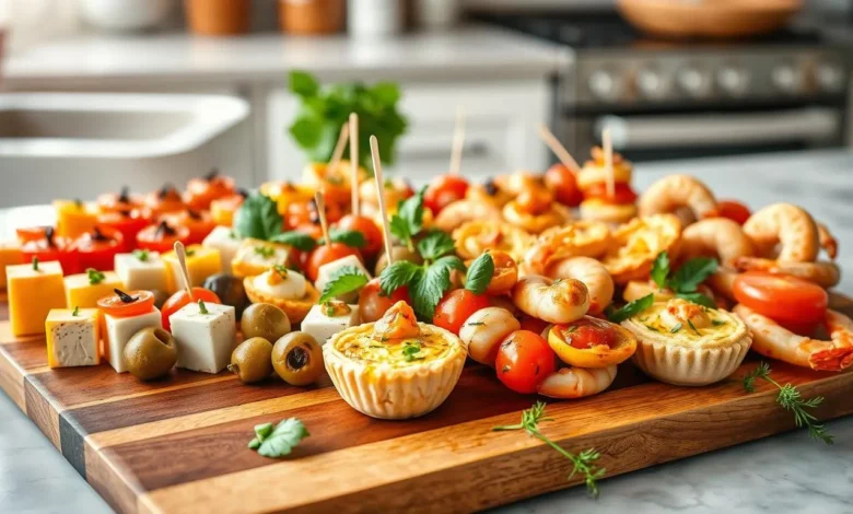 A vibrant and colorful spread of assorted easy appetizers, featuring a variety of bite-sized treats on a stylish wooden platter, including cheese cubes, stuffed olives, mini quiches, vegetable skewers, and shrimp cocktail, surrounded by fresh herbs and garnishes, with a soft-focus background of a cozy kitchen setting.