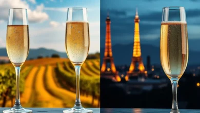 A visually striking split image showcasing a glass of bubbly Prosecco on one side, with a golden hue and lively bubbles, and a glass of elegant Champagne on the other side, with a pale golden color and fine bubbles. The background features a contrasting vineyard scene for Prosecco, representing sunny Italian hills, and a sophisticated Parisian setting for Champagne, with iconic landmarks subtly illuminated. The overall mood captures the celebration and elegance of both sparkling wines without human presence or text.