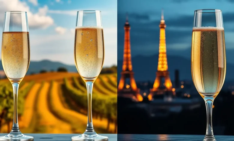 A visually striking split image showcasing a glass of bubbly Prosecco on one side, with a golden hue and lively bubbles, and a glass of elegant Champagne on the other side, with a pale golden color and fine bubbles. The background features a contrasting vineyard scene for Prosecco, representing sunny Italian hills, and a sophisticated Parisian setting for Champagne, with iconic landmarks subtly illuminated. The overall mood captures the celebration and elegance of both sparkling wines without human presence or text.