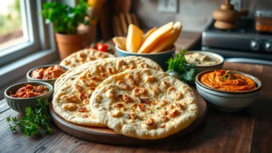 A beautifully arranged scene showcasing homemade Armenian lavosh flatbreads, freshly baked and crispy, resting on a rustic wooden table. Surrounding the lavosh, there are bowls of colorful dips and spreads, like hummus and baba ghanoush, along with fresh herbs and vegetables. The warm, golden-brown texture of the lavosh contrasts with the vibrant colors of the accompaniments, all set against a cozy kitchen backdrop. Natural light filters through a nearby window, highlighting the delicious details.