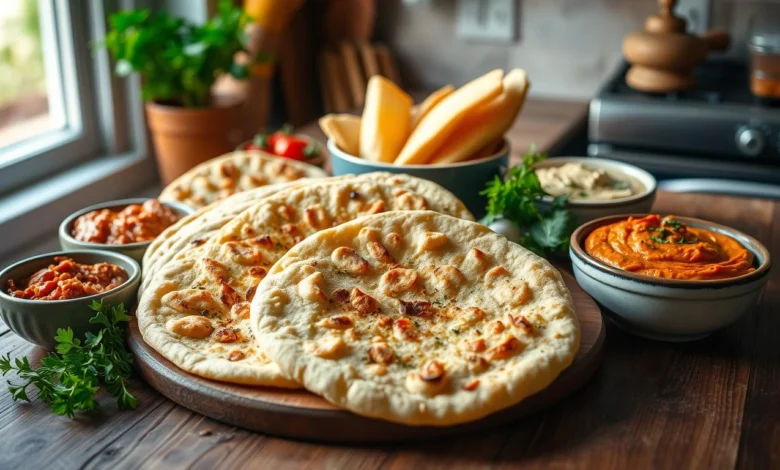 A beautifully arranged scene showcasing homemade Armenian lavosh flatbreads, freshly baked and crispy, resting on a rustic wooden table. Surrounding the lavosh, there are bowls of colorful dips and spreads, like hummus and baba ghanoush, along with fresh herbs and vegetables. The warm, golden-brown texture of the lavosh contrasts with the vibrant colors of the accompaniments, all set against a cozy kitchen backdrop. Natural light filters through a nearby window, highlighting the delicious details.