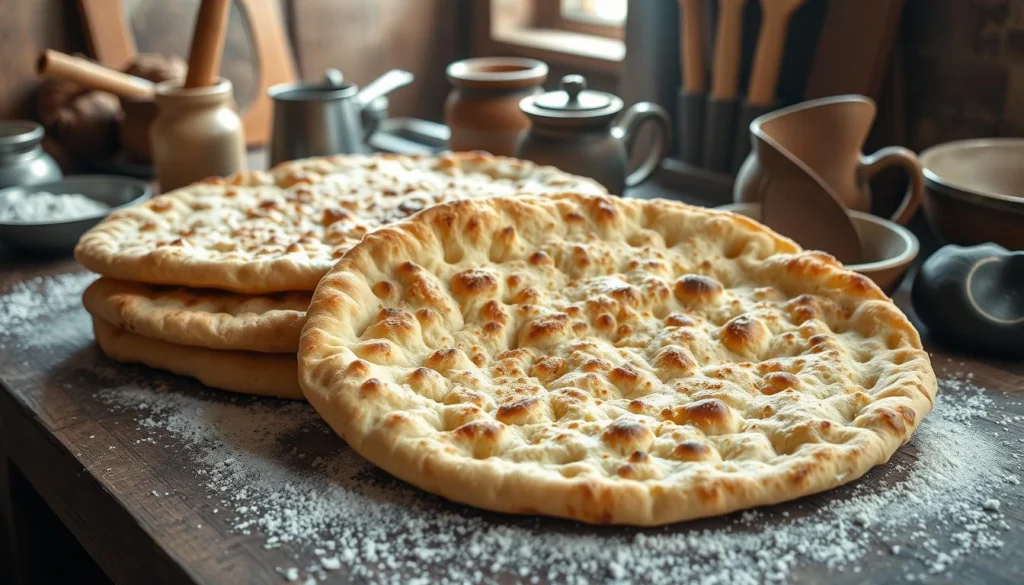 A rustic kitchen scene featuring traditional Armenian lavosh flatbread, freshly baked and displayed on a wooden table, with golden-brown crispy edges and a slightly charred surface, surrounded by traditional Armenian cooking utensils and flour scattered across the table, warm natural light illuminating the scene.