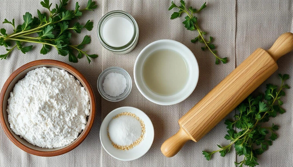 A beautifully arranged flat lay of lavosh ingredients, featuring flour in a rustic bowl, a small jar of salt, a dish of water, and a wooden rolling pin. Surround the ingredients with sprigs of fresh herbs and a sprinkle of sesame seeds. The background should have textured linen for a warm, inviting feel.