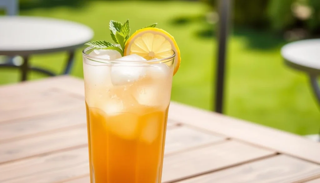 A refreshing Arnold Palmer drink served in a classic glass, half-filled with iced tea and half with lemonade, garnished with a slice of lemon and a sprig of mint, sitting on a wooden table with a sunny outdoor background.