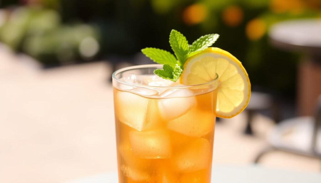 A refreshing glass of Arnold Palmer drink, half iced tea and half lemonade, with ice cubes glistening, garnished with a lemon slice on the rim and a sprig of mint, set against a sunny outdoor background with a blurred garden view.