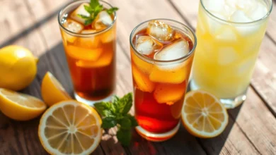 A visually appealing arrangement of an Arnold Palmer drink ingredients: a glass of iced tea with ice cubes, a glass of lemonade, fresh lemon slices, and a sprig of mint, all set on a rustic wooden table with sunlight reflecting off the glasses, capturing the refreshing essence of the drink.