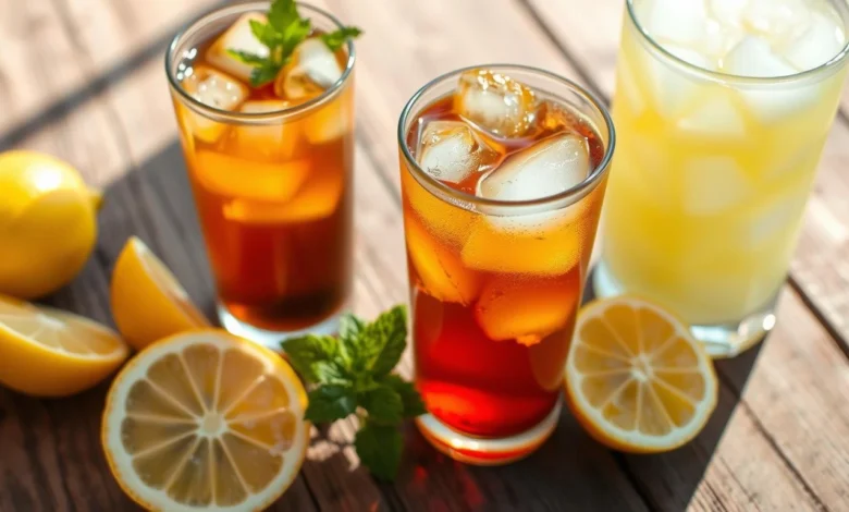 A visually appealing arrangement of an Arnold Palmer drink ingredients: a glass of iced tea with ice cubes, a glass of lemonade, fresh lemon slices, and a sprig of mint, all set on a rustic wooden table with sunlight reflecting off the glasses, capturing the refreshing essence of the drink.