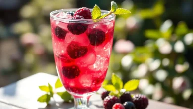 A vibrant blackberry bramble cocktail in a stylish glass filled with crushed ice, garnished with fresh blackberries and a sprig of mint, set against a blurred background of a sunlit garden, with glistening condensation on the glass reflecting light.