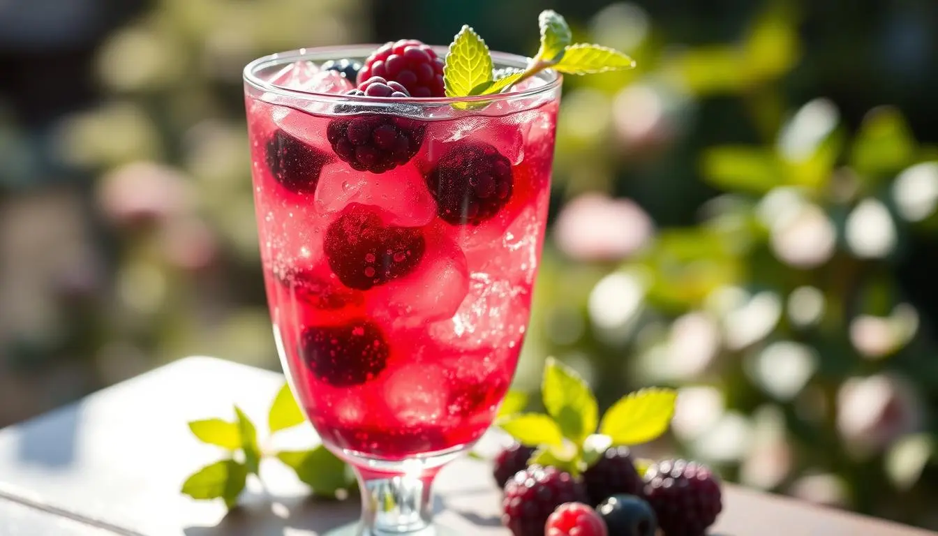 A vibrant blackberry bramble cocktail in a stylish glass filled with crushed ice, garnished with fresh blackberries and a sprig of mint, set against a blurred background of a sunlit garden, with glistening condensation on the glass reflecting light.