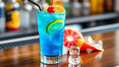 A vibrant, refreshing cocktail presented in a sleek glass, featuring layers of bright blue hues, garnished with a slice of lemon and a cherry, sitting on a polished wooden bar top with subtle reflections, surrounded by ice cubes and a splash of vibrant colors from tropical fruits.