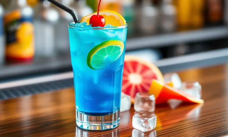 A vibrant, refreshing cocktail presented in a sleek glass, featuring layers of bright blue hues, garnished with a slice of lemon and a cherry, sitting on a polished wooden bar top with subtle reflections, surrounded by ice cubes and a splash of vibrant colors from tropical fruits.