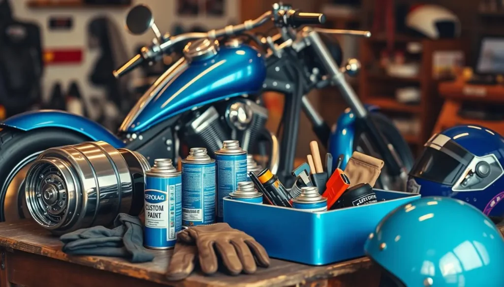 A shiny blue motorcycle surrounded by its essential components: gleaming chrome engine parts, vibrant blue custom paint cans, a toolbox with various tools, leather gloves, and shiny helmets, all set on a rustic wooden table. The background features a blurred garage with warm lighting to enhance the atmosphere.