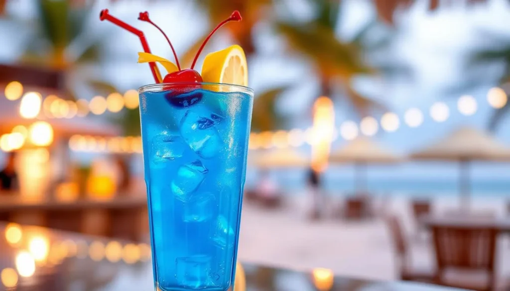 A vibrant blue cocktail elegantly served in a tall glass, adorned with a twist of lemon peel and a cherry on top, surrounded by ice cubes and glimmering condensation. The drink has a strikingly bright blue color reminiscent of a summer sky, set against a blurred background of a tropical beach bar with palm trees and soft lighting.