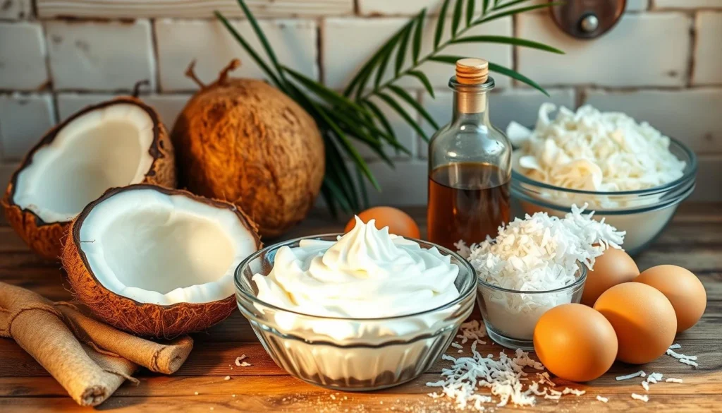 A beautifully arranged display of essential ingredients for a coconut cream pie, featuring fresh coconuts, a bowl of silky whipped cream, a jar of rich vanilla extract, flaky pie crusts, sweetened shredded coconut, and eggs in a rustic kitchen setting, all bathed in warm natural light.