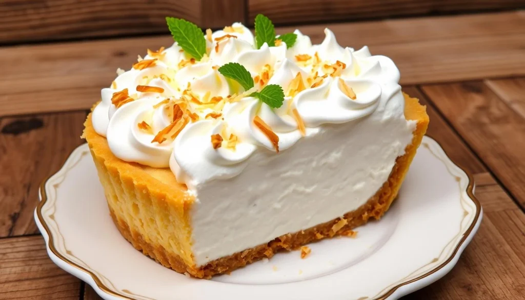 A beautifully crafted coconut cream pie with a golden flaky crust, topped with a fluffy cloud of whipped cream, garnished with toasted coconut flakes and a sprinkle of fresh mint leaves, set on an elegant dessert plate against a rustic wooden background, showcasing its creamy texture and inviting appearance.