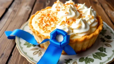 A beautifully presented coconut cream pie with a golden-brown flaky crust, piled high with fluffy whipped cream, and sprinkled with toasted coconut flakes. The pie is adorned with a vibrant blue ribbon resting elegantly on the edge of a decorative plate, set against a rustic wooden table background, capturing the essence of a prize-winning dessert.