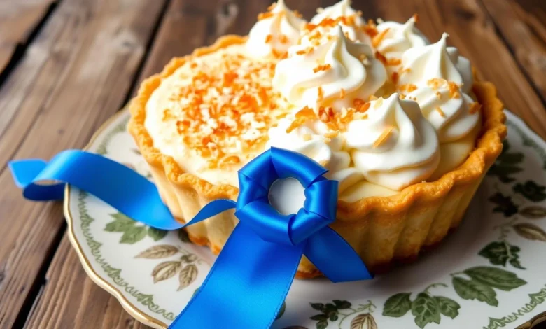 A beautifully presented coconut cream pie with a golden-brown flaky crust, piled high with fluffy whipped cream, and sprinkled with toasted coconut flakes. The pie is adorned with a vibrant blue ribbon resting elegantly on the edge of a decorative plate, set against a rustic wooden table background, capturing the essence of a prize-winning dessert.