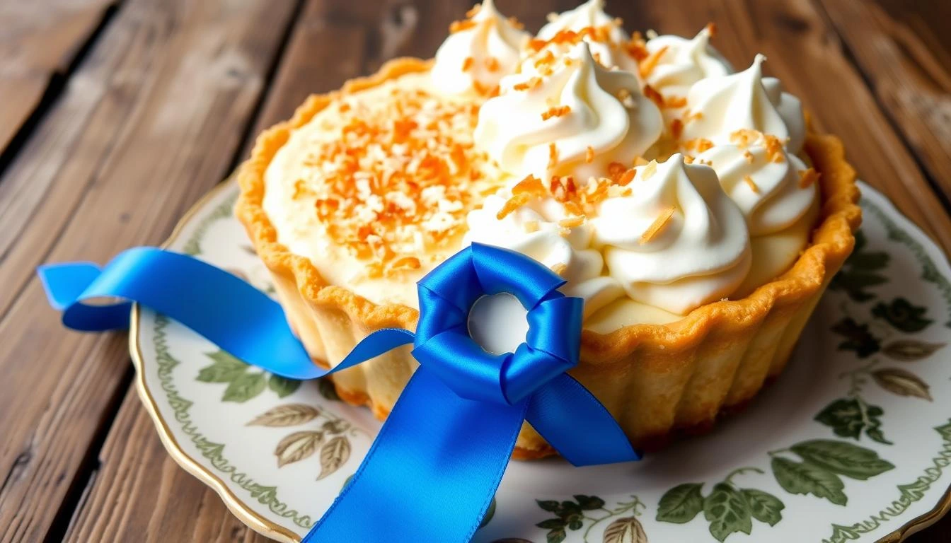 A beautifully presented coconut cream pie with a golden-brown flaky crust, piled high with fluffy whipped cream, and sprinkled with toasted coconut flakes. The pie is adorned with a vibrant blue ribbon resting elegantly on the edge of a decorative plate, set against a rustic wooden table background, capturing the essence of a prize-winning dessert.