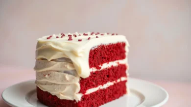 A richly layered red velvet cake with velvety cream cheese frosting, elegantly presented on a white plate, adorned with delicate crimson and white sprinkles, set against a soft, blurred pastel background.