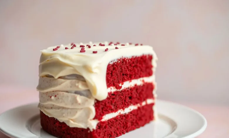 A richly layered red velvet cake with velvety cream cheese frosting, elegantly presented on a white plate, adorned with delicate crimson and white sprinkles, set against a soft, blurred pastel background.