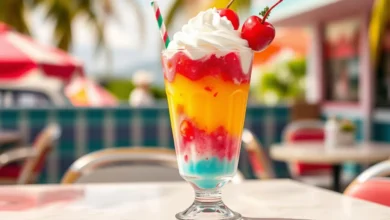 "Vibrant retro-style drink with layers of colorful slush, topped with whipped cream and a cherry, served in a classic diner glass with a colorful straw, set against a nostalgic summer backdrop."