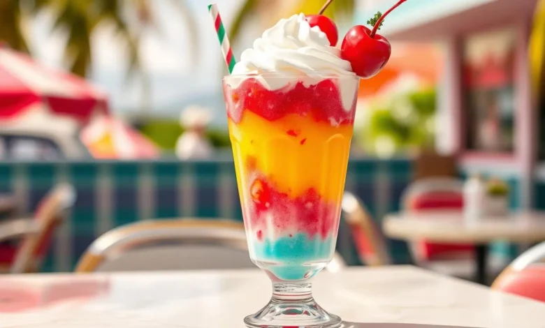 "Vibrant retro-style drink with layers of colorful slush, topped with whipped cream and a cherry, served in a classic diner glass with a colorful straw, set against a nostalgic summer backdrop."