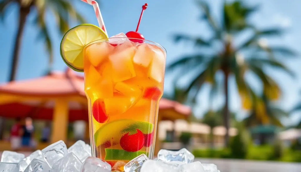 A vibrant, refreshing beverage in a classic retro glass filled with a colorful blend of ice-cold soda and fruity flavors, garnished with a slice of lime and a cherry on top, surrounded by ice cubes, set against a sunny outdoor backdrop with palm trees and a clear blue sky.