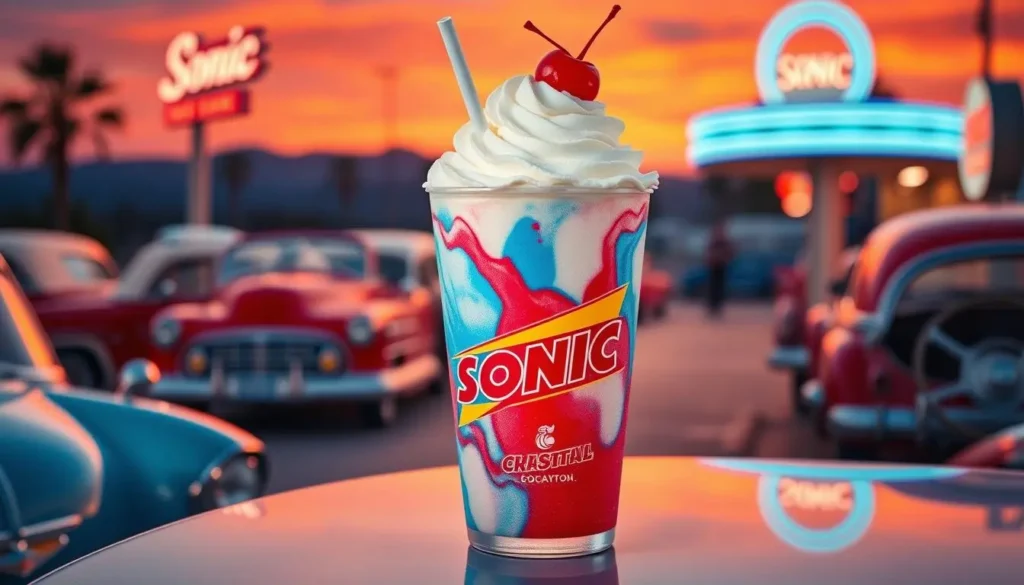 A vibrant, frosty Sonic drink in a retro cup, featuring swirling layers of bright blue and red colors, topped with a generous swirl of whipped cream and a cherry, surrounded by classic cruiser elements like vintage cars and neon lights, set against a sunset backdrop that captures the nostalgia of a diner scene.