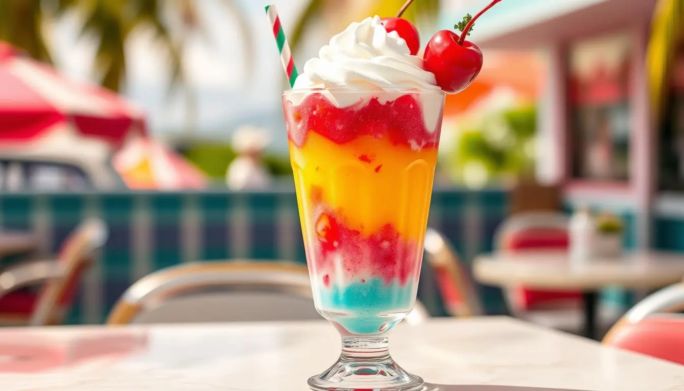 "Vibrant retro-style drink with layers of colorful slush, topped with whipped cream and a cherry, served in a classic diner glass with a colorful straw, set against a nostalgic summer backdrop."