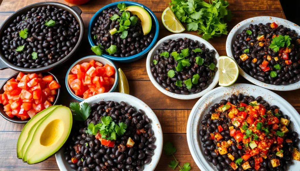 A colorful, vibrant spread of delicious black bean dishes, showcasing a variety of ingredients like ripe avocados, fresh cilantro, lime wedges, diced tomatoes, and spices, elegantly arranged on a rustic wooden table with a warm, inviting atmosphere.