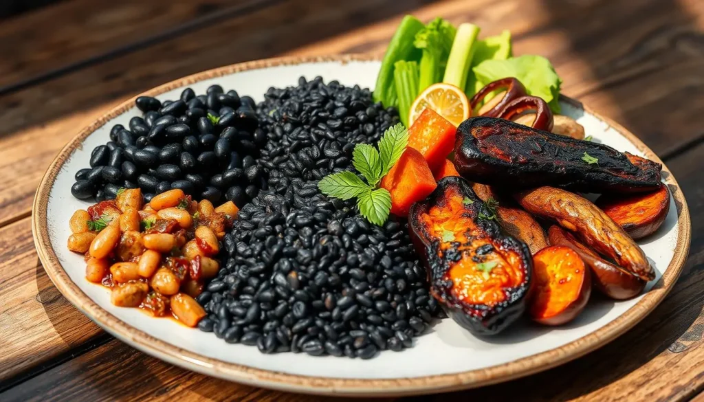 A beautifully arranged plate of diverse black foods, featuring black beans, black rice, dark roasted vegetables, and charred eggplant, garnished with fresh herbs on a rustic wooden table, natural lighting for an inviting atmosphere.