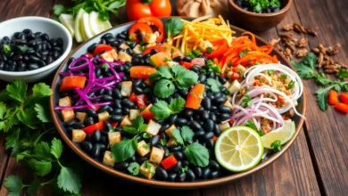 A vibrant plate of beautifully arranged black bean dishes, featuring a colorful medley of fresh vegetables, herbs, and spices, with a rustic wooden table setting, surrounded by delicious garnishes and cooking ingredients, highlighting the rich textures and glossy sheen of the beans.