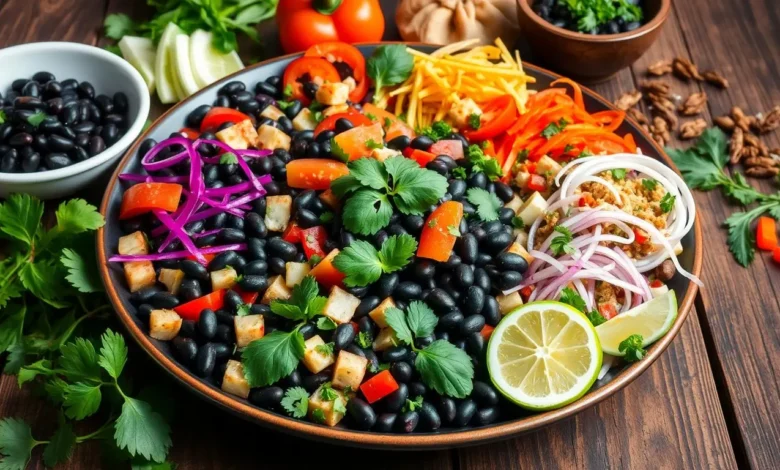 A vibrant plate of beautifully arranged black bean dishes, featuring a colorful medley of fresh vegetables, herbs, and spices, with a rustic wooden table setting, surrounded by delicious garnishes and cooking ingredients, highlighting the rich textures and glossy sheen of the beans.