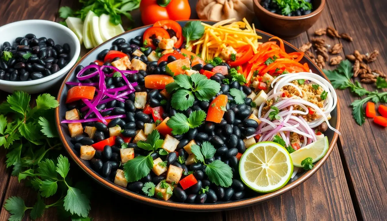 A vibrant plate of beautifully arranged black bean dishes, featuring a colorful medley of fresh vegetables, herbs, and spices, with a rustic wooden table setting, surrounded by delicious garnishes and cooking ingredients, highlighting the rich textures and glossy sheen of the beans.