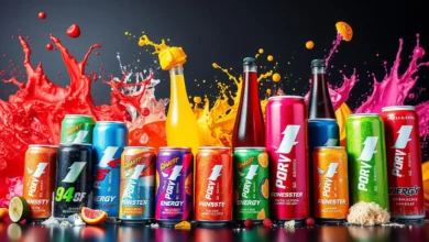 A vibrant assortment of colorful energy drink cans and bottles arranged on a dynamic background, showcasing various flavors and branding styles, with splashes of energy and abstract shapes representing adrenaline and vitality.