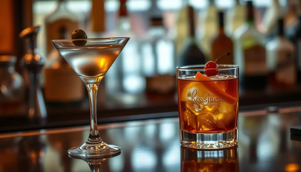 A polished bar top showcasing two elegant glassware: one filled with a perfectly crafted martini garnished with an olive, the other containing a classic old fashioned with an orange twist and a cherry. Soft ambient lighting creates a warm atmosphere, highlighting the drinks while subtle reflections dance on the glass surfaces. In the background, blurred silhouettes of vintage bar tools and assorted liquor bottles add to the sophisticated vibe.