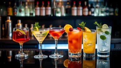 A stylish bar countertop displaying a variety of essential cocktails including a classic whiskey sour, vibrant mojito, elegant martini, colorful margarita, and refreshing gin and tonic, garnished with fresh herbs and fruits, surrounded by cocktail shakers and glasses, softly lit atmosphere highlighting the drinks' colors.