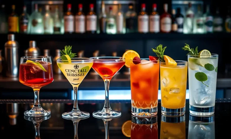 A stylish bar countertop displaying a variety of essential cocktails including a classic whiskey sour, vibrant mojito, elegant martini, colorful margarita, and refreshing gin and tonic, garnished with fresh herbs and fruits, surrounded by cocktail shakers and glasses, softly lit atmosphere highlighting the drinks' colors.