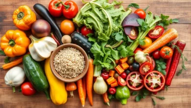 A vibrant assortment of colorful fresh vegetables and fruits arranged artfully on a wooden table, with a rustic bowl of quinoa and a drizzle of olive oil, herbs scattered around, soft natural lighting enhancing the textures and colors.