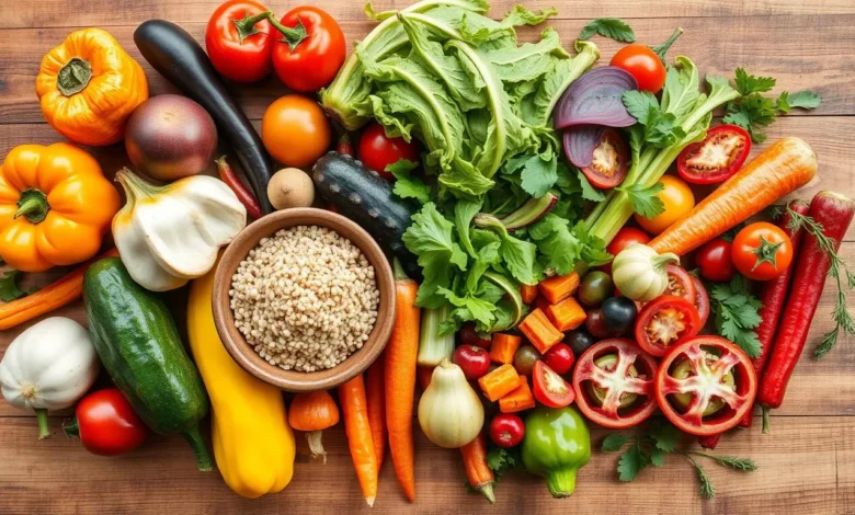 A vibrant assortment of colorful fresh vegetables and fruits arranged artfully on a wooden table, with a rustic bowl of quinoa and a drizzle of olive oil, herbs scattered around, soft natural lighting enhancing the textures and colors.