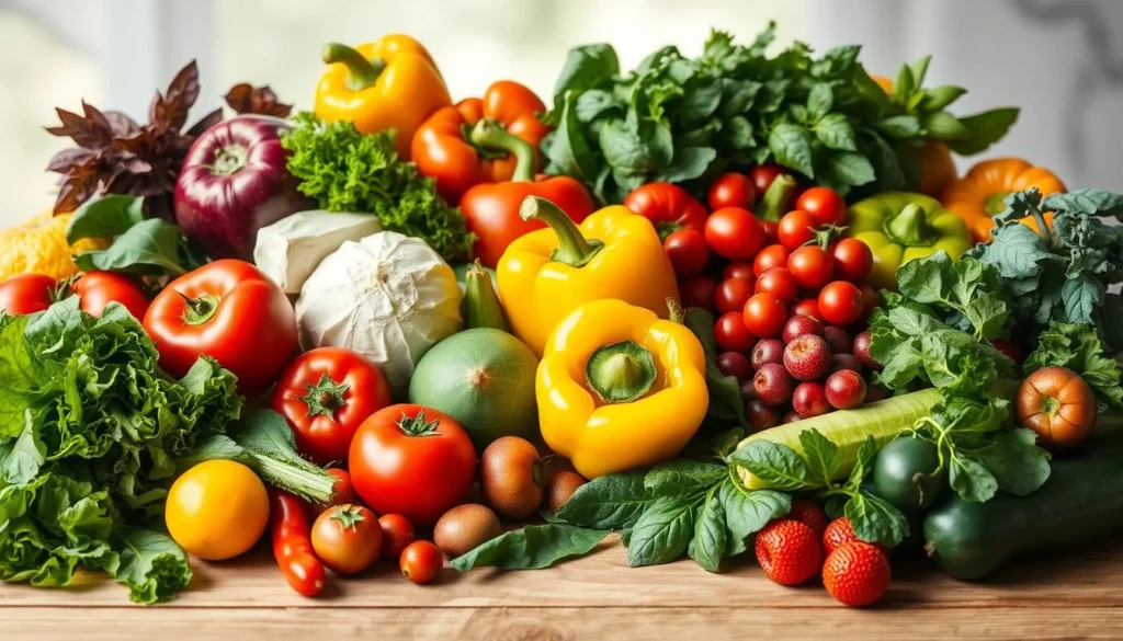 A vibrant assortment of fresh fruits and vegetables arranged artfully on a wooden table, showcasing a variety of colors and textures, with leafy greens, bright red tomatoes, yellow bell peppers, and ripe berries, all set against a soft natural light background for an appealing and wholesome atmosphere.