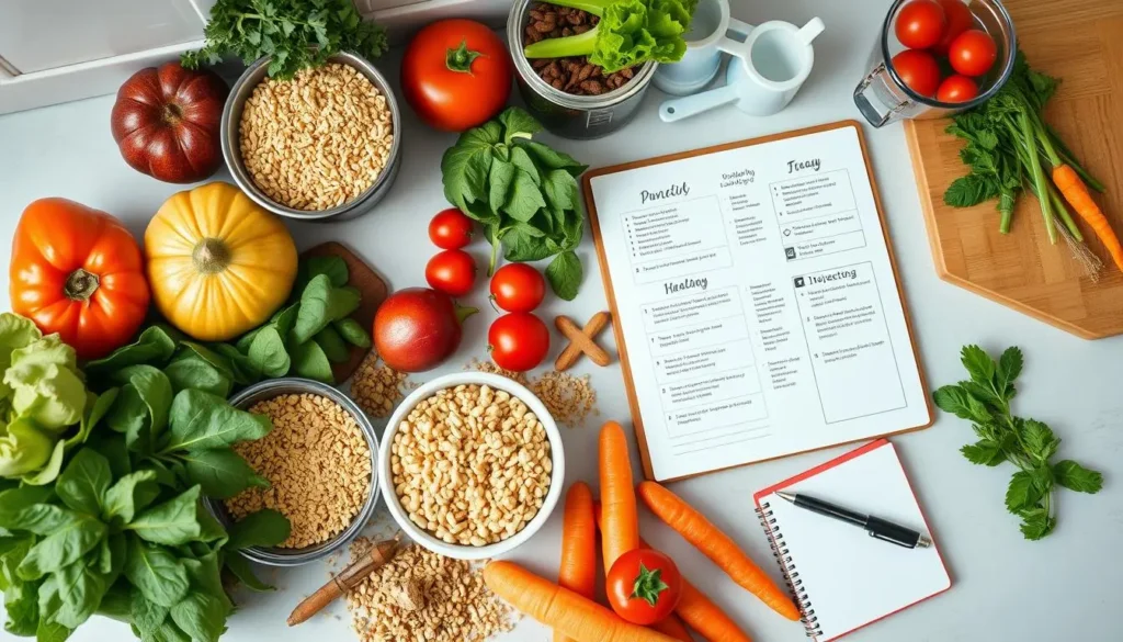 A colorful kitchen countertop filled with fresh vegetables, grains, and herbs, alongside an open planner with organized meal ideas, measuring cups, and a cutting board. Include various healthy ingredients like quinoa, spinach, carrots, and tomatoes, arranged artfully with a notepad and pen beside them, capturing the essence of meal planning in a vibrant and inviting atmosphere.