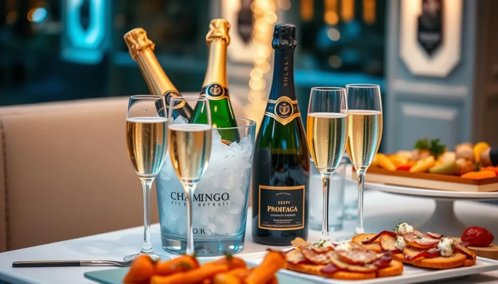 A stylish table setting featuring a bottle of Champagne nestled in an ice bucket alongside a bottle of Prosecco, with elegant flutes filled with bubbly. The background showcases a refined ambiance with soft lighting, sparkling glassware, and an array of gourmet appetizers, evoking a celebratory atmosphere.