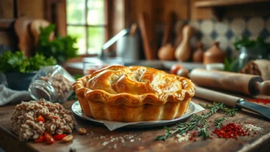 A rustic kitchen scene showcasing a delicious pork pie on a wooden table, surrounded by fresh ingredients like ground pork, herbs, and spices. The pie features a golden-brown crust with a tempting flaky texture, and there are cooking utensils like a rolling pin and knife nearby. Soft natural light filters through a window, illuminating the warm earthy tones of the kitchen, evoking a cozy and budget-friendly cooking atmosphere.