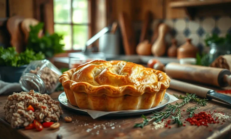 A rustic kitchen scene showcasing a delicious pork pie on a wooden table, surrounded by fresh ingredients like ground pork, herbs, and spices. The pie features a golden-brown crust with a tempting flaky texture, and there are cooking utensils like a rolling pin and knife nearby. Soft natural light filters through a window, illuminating the warm earthy tones of the kitchen, evoking a cozy and budget-friendly cooking atmosphere.