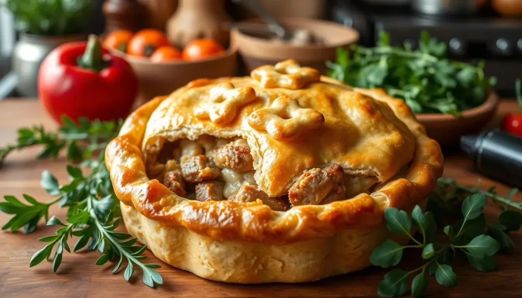 An inviting, rustic pork pie with a golden-brown, flaky crust, adorned with decorative pastry cutouts on top, sitting on a wooden table surrounded by fresh herbs and vegetables, with a warm, cozy kitchen ambiance in the background.